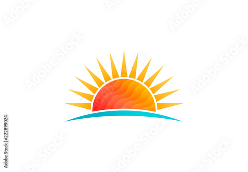 Sun shining at beach, low poly vector logo