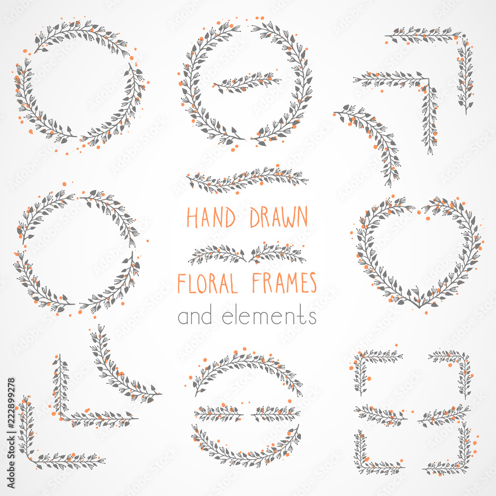 Vector set of floral hand drawn frames and decorative elements. Vector set of floral hand drawn frames and decorative elements.