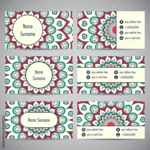 Set of business cards with floral mandala ornaments