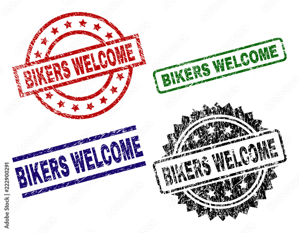 BIKERS WELCOME seal prints with damaged texture. Black, green,red,blue vector rubber prints of BIKERS WELCOME title with retro texture. Rubber seals with round, rectangle, medal shapes. BIKERS WELCOME seal prints with damaged texture. Black, green,red,blue vector rubber prints of BIKERS WELCOME title with retro texture. Rubber seals with round, rectangle, medal shapes.