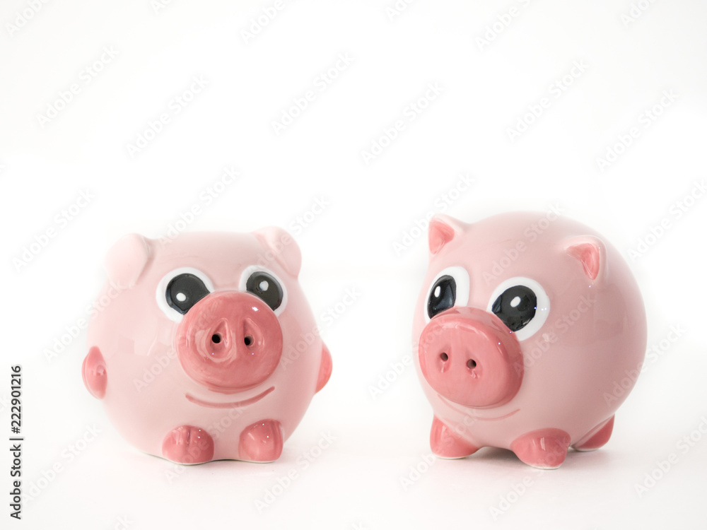 Close up photograph of two pink round pig ceramic salt and pepper shakers isolated on a white background with space around the animal shaped objects. Close up photograph of two pink round pig ceramic salt and pepper shakers isolated on a white background with space around the animal shaped objects.