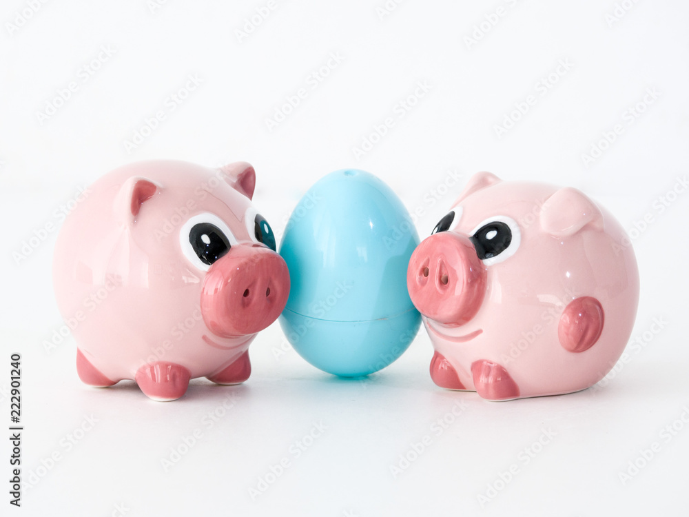 pink ceramic salt and pepper shakers in the shape of pigs with a light blue plastic Easter egg between them pink ceramic salt and pepper shakers in the shape of pigs with a light blue plastic Easter egg between them