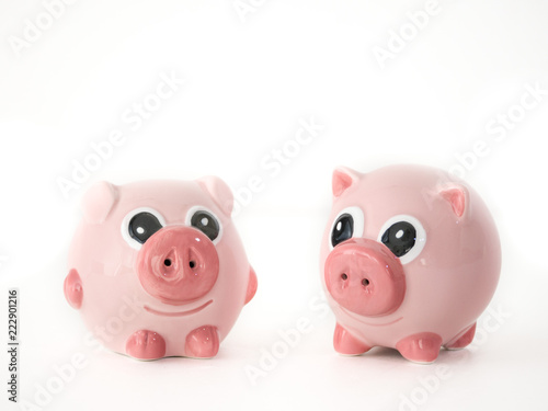 Close up photograph of two pink round pig ceramic salt and pepper shakers isolated on a white background with space around the animal shaped objects.