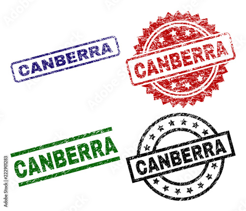 CANBERRA seal prints with corroded surface. Black, green,red,blue vector rubber prints of CANBERRA tag with dust surface. Rubber seals with round, rectangle, medallion shapes.
