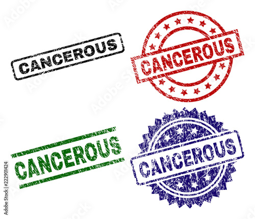 CANCEROUS seal prints with damaged texture. Black, green,red,blue vector rubber prints of CANCEROUS tag with scratched texture. Rubber seals with circle, rectangle, medallion shapes.