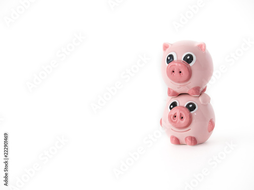 Funny close up photograph of two pink round pig ceramic salt and pepper shakers piggy backing or stacked on one another isolated on a white background with space around the animal shaped objects.