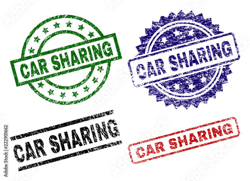CAR SHARING seal imprints with distress texture. Black, green,red,blue vector rubber prints of CAR SHARING title with dirty texture. Rubber seals with round, rectangle, rosette shapes.