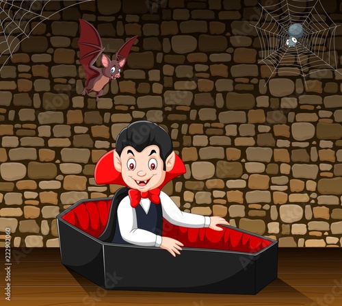 Cartoon happy vampire in his coffin