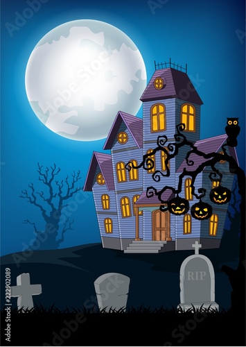 Cartoon haunted house with halloween background