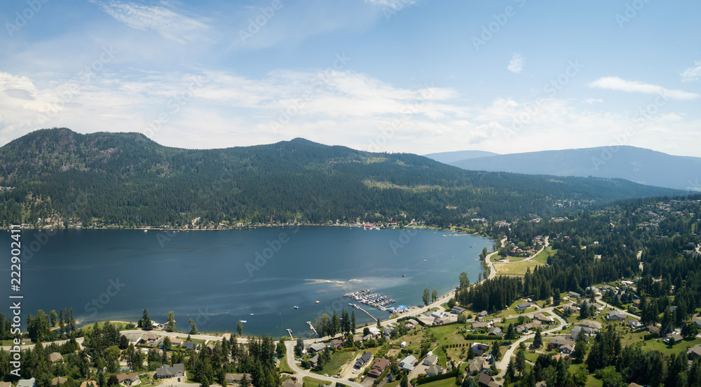 Aerial panoramic view of a little town, Blind Bay, during a vibrant sunny summer day. Taken in the Interior BC, Canada.