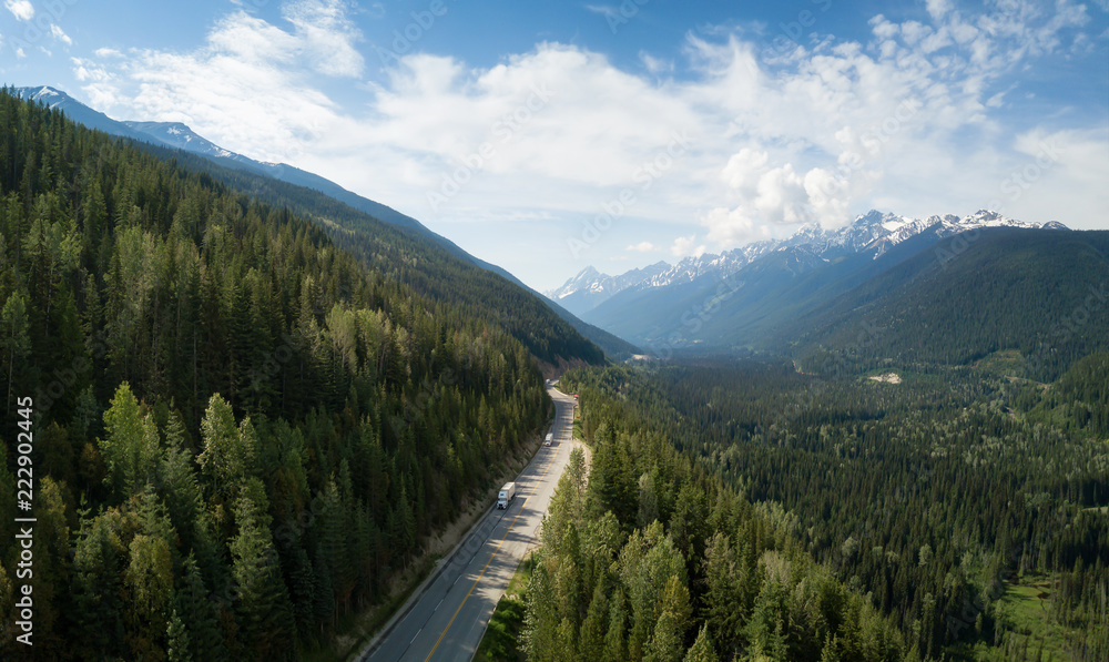 Aerial view of Trans-Canada Highway in the Canadian Mountain Landscape. Located between Golden and Revelstoke, BC, Canada.