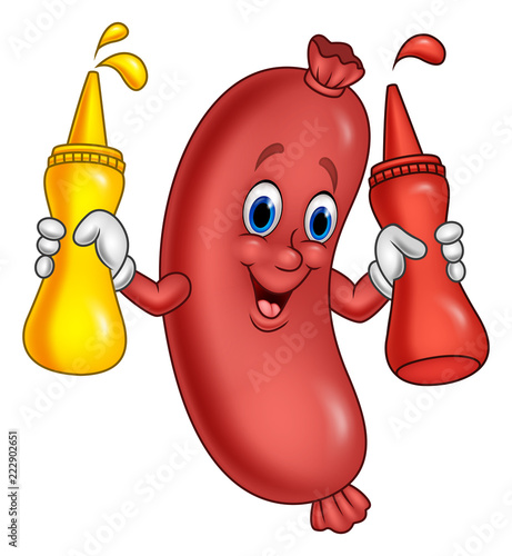 Cartoon sausage with mustard sauce and ketchup squeeze bottles