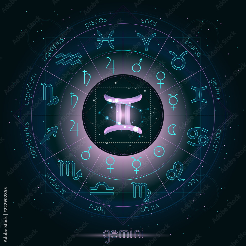 Zodiac sign and constellation GEMINI with Horoscope circle on the