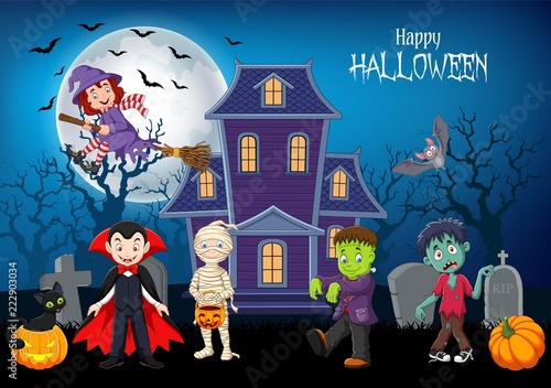 Cartoon happy kids with Halloween background