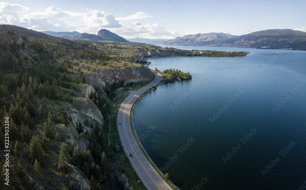 Aerial panoramic view of Okanagan Lake during a sunny summer day. Taken near Penticton, BC, Canada.