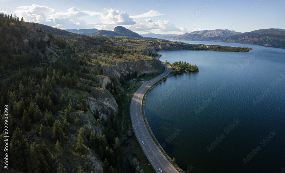 Aerial panoramic view of Okanagan Lake during a sunny summer day. Taken near Penticton, BC, Canada.