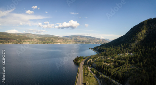 Aerial panoramic view of Okanagan Lake during a sunny summer day. Taken near Penticton  BC  Canada.