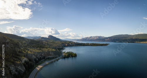 Aerial panoramic view of Okanagan Lake during a sunny summer day. Taken near Penticton, BC, Canada. photo