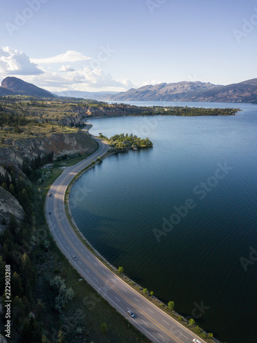 Aerial panoramic view of Okanagan Lake during a sunny summer day. Taken near Penticton, BC, Canada.