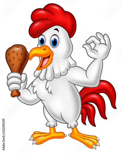 Cartoon rooster holding fried chicken and giving OK sign