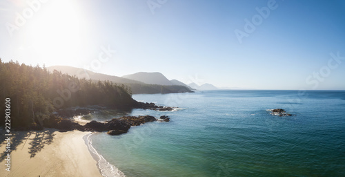Beautiful aerial panoramic seascape view of Pacific Ocean Coast during a vibrant summer day. Taken at Grant Bay, Northern Vancouver Island, BC, Canada.
