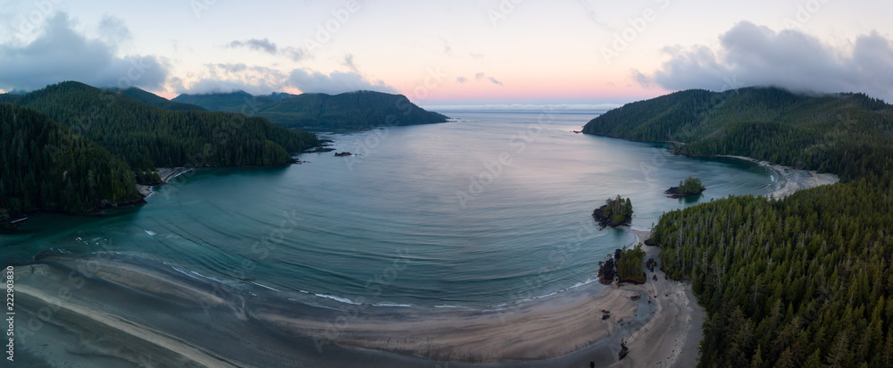 Striking aerial panoramic view of the Pacific Ocean Coast during a vibrant summer sunrise. Taken in San Josef Bay, Cape Scott, Northern Vancouver Island, BC, Canada.