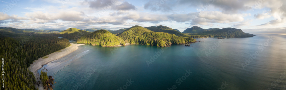 Naklejka premium Striking aerial panoramic view of the Pacific Ocean Coast during a vibrant summer sunset. Taken in San Josef Bay, Cape Scott, Northern Vancouver Island, BC, Canada.