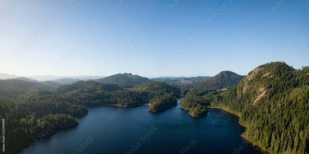 Aerial panoramic landscape view of Alice Lake during a vibrant sunny summer day. Located in Northern Vancouver Island, BC, Canada.
