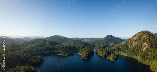 Fototapeta Naklejka Na Ścianę i Meble -  Aerial panoramic landscape view of Alice Lake during a vibrant sunny summer day. Located in Northern Vancouver Island, BC, Canada.
