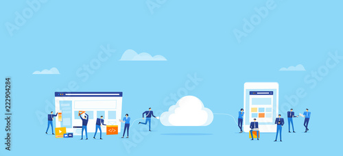 team business  develop and design  web application and upload connect to cloud  for online user concept  with  group  people team working concept
