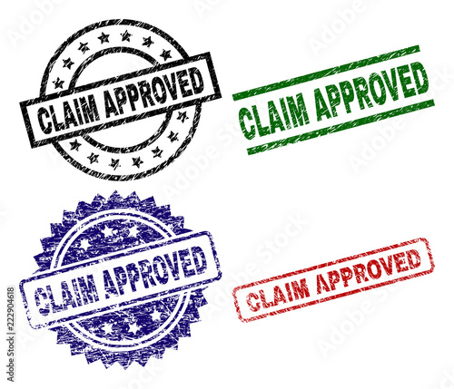 CLAIM APPROVED seal prints with corroded surface. Black, green,red,blue vector rubber prints of CLAIM APPROVED text with grunge surface. Rubber seals with round, rectangle, rosette shapes.