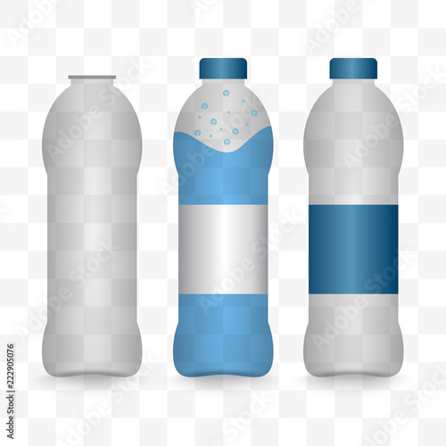 Transparent plastic bottles set. Vector art mockup