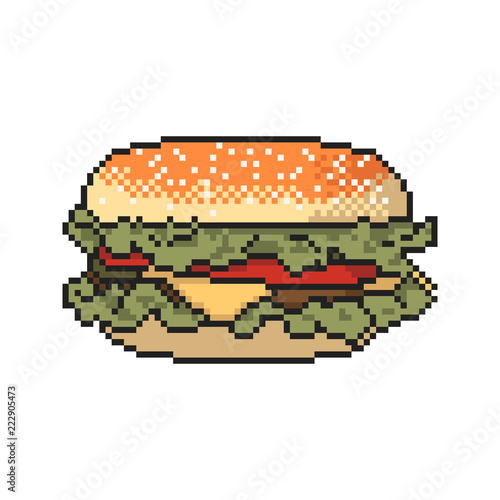 Burger pixel art on white background. Vector illustration.