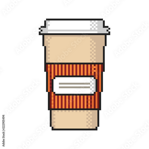 Coffee to go pixel art on white background. Vector illustration.