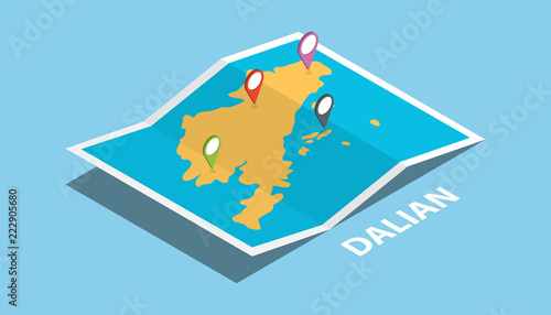 dalian china explore maps location with folded map and pin location maker destination in isometric style