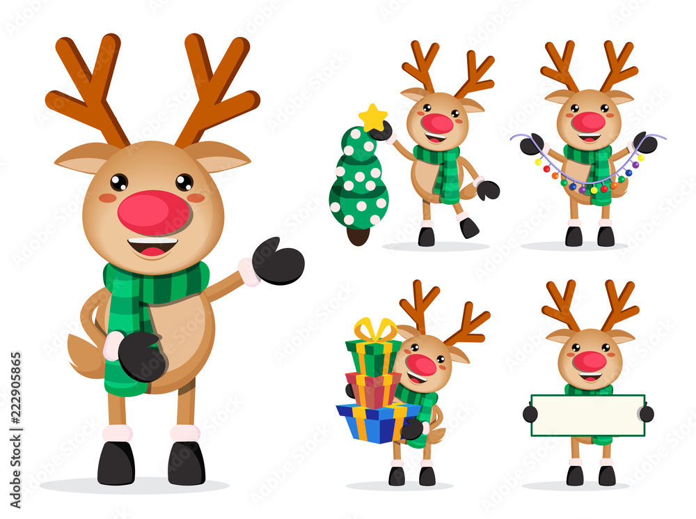 Reindeer vector characters set. Rudolph cartoon characters holding christmas  elements and objects isolated in white background. Vector illustration.  Stock Vector | Adobe Stock