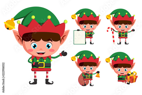 Christmas elves vector character set. Young boy elf cartoon characters holding christmas elements and objects isolated in white background. Vector illustration.
 photo
