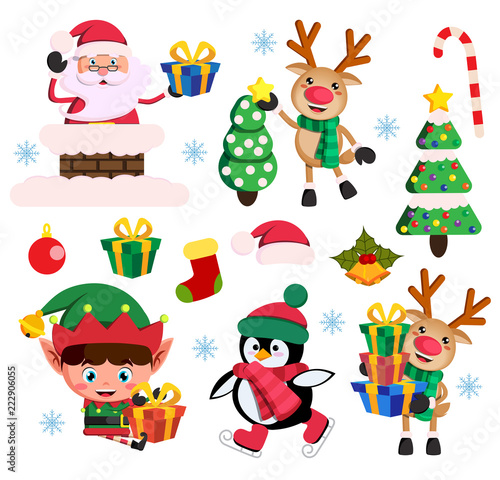 Christmas elements flat vector set with santa claus, elf and reindeer characters and christmas elements and objects in white background. Vector illustration.
