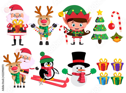 Christmas characters and elements vector set with santa claus  reindeer  elf and snowman holding christmas objects in white background.Vector illustration.  