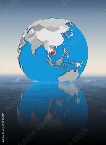 Cambodia on globe in water