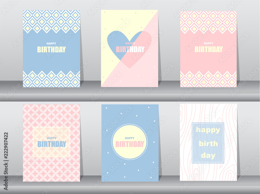 Set of birthday card on retro pattern design,vintage,poster,template,greeting,Vector illustrations 