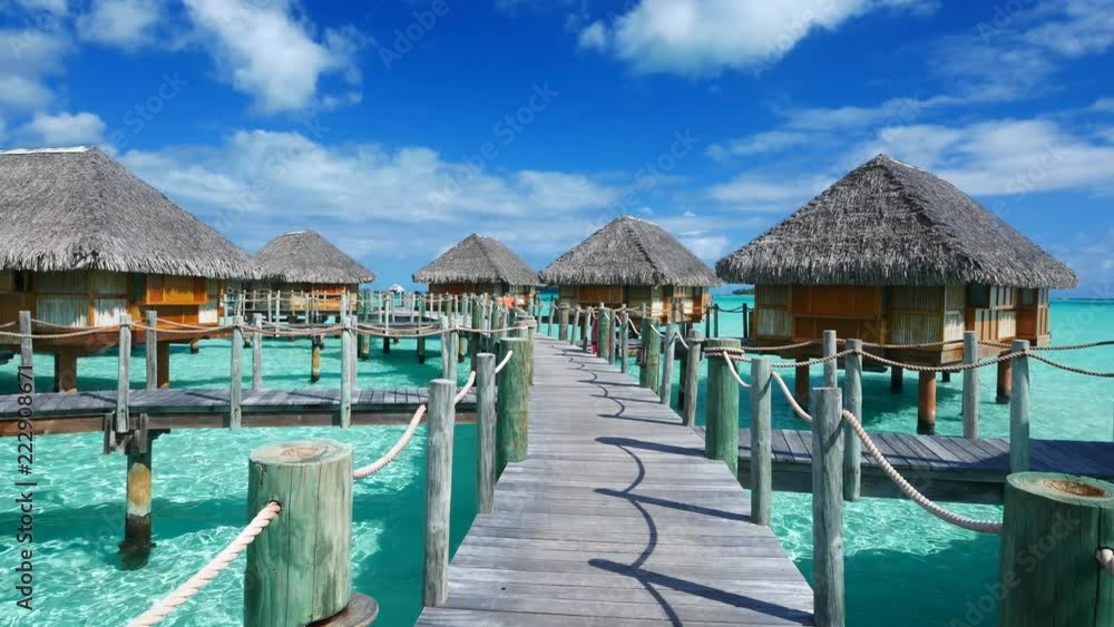 Luxury overwater villas on blue lagoon, white sandy beach and Otemanu mountain at Bora Bora island, Tahiti, French Polynesia
Luxury overwater villas on blue lagoon, white sandy beach and Otemanu mountain at Bora Bora island, Tahiti, French Polynesia