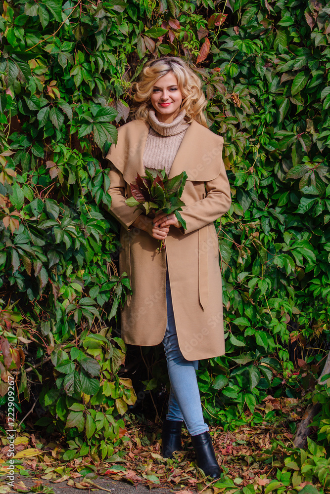 Young beautiful woman in sweater and coat stands next to the background of wild grapes holding bouquet of autumn leaves Young beautiful woman in sweater and coat stands next to the background of wild grapes holding bouquet of autumn leaves