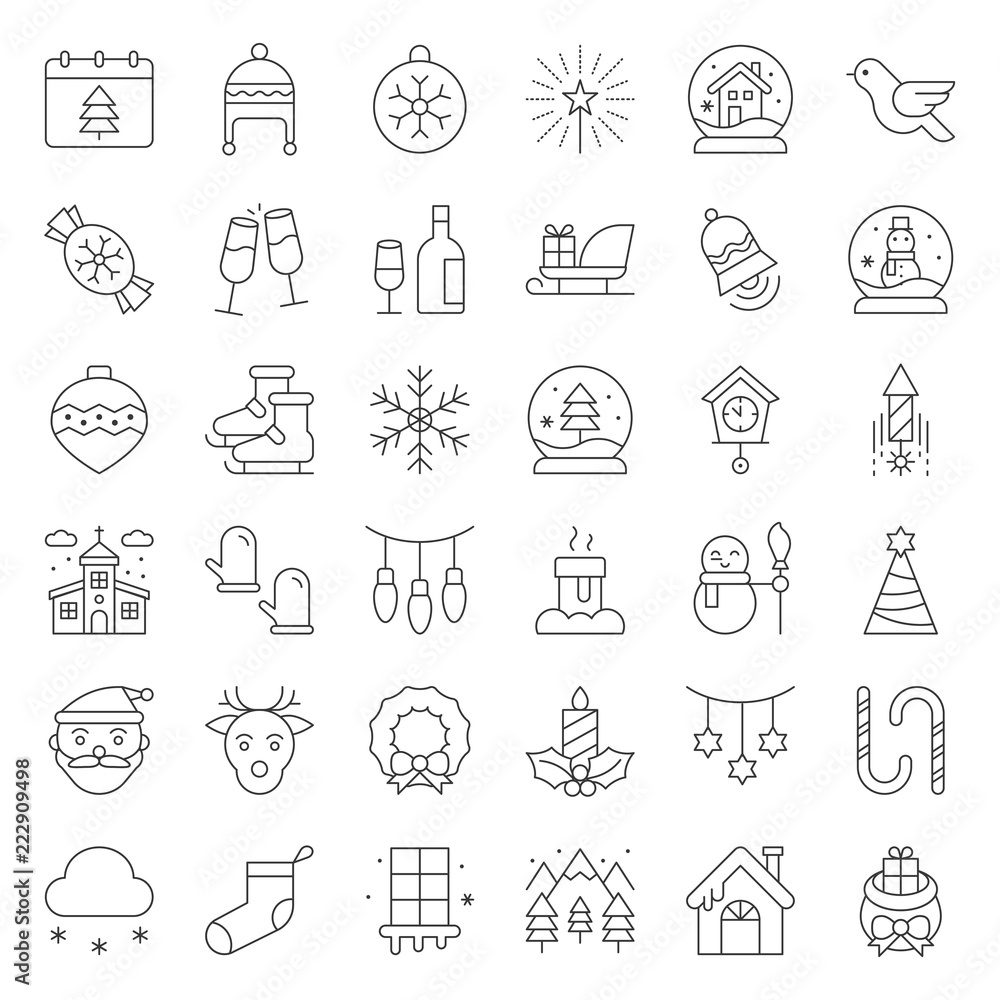 Merry Christmas icon set, outline editable stroke - obrazy, fototapety, plakaty 