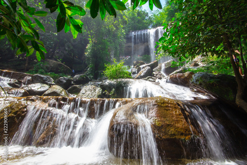 Beautiful waterfalls flow through the rocks in  forest at Soo Da Cave Roi et Thailand