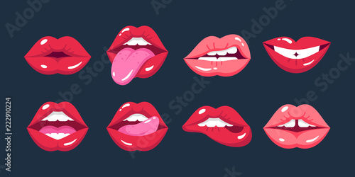 Painted female lips  in cartoon style  in different emotions  expressions.