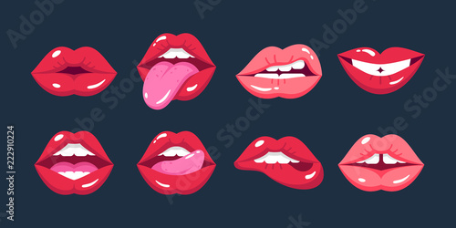 Painted female lips, in cartoon style, in different emotions, expressions.
