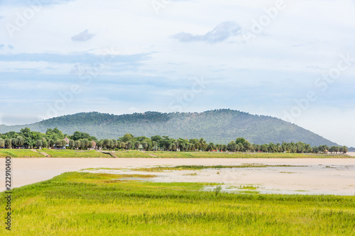 Landscape nature large reservoir with sky and clouds,mountain background.Pa Sak Jolasid Dam Thailand.
