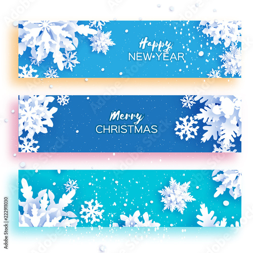 3 gorizontal Merry Christmas and Happy New Year Banner. White Paper cut snowflakes. Origami Decoration background. Seasonal holidays. Snowfall. Sky Blue.