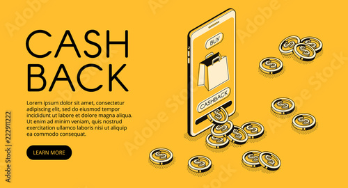 Cashback shopping vector illustration, money cash back reward for purchase from smartphone application. Mobile phone consumer loyalty incentive commerce in isometric line on yellow halftone background photo